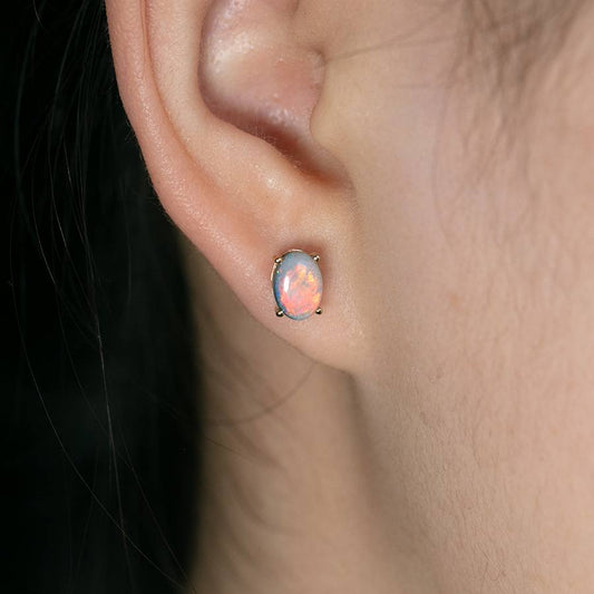 Simple Oval Australian Black Opal Stud Earrings 14k Yellow Gold