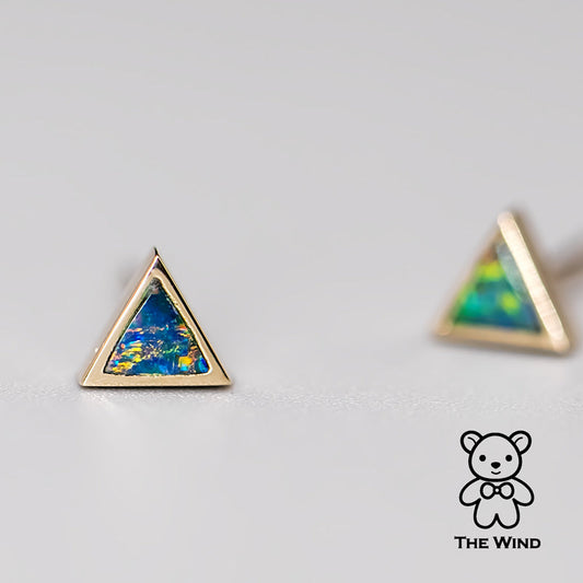 Geometric Triangle Shaped Australian Doublet Opal Stud Earrings 14K Yellow Gold