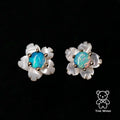 Small Flower Australian Solid Opal & Mother of Pearl Stud Earrings 18K Yellow Gold