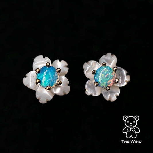 Small Flower Australian Solid Opal & Mother of Pearl Stud Earrings 18K Yellow Gold