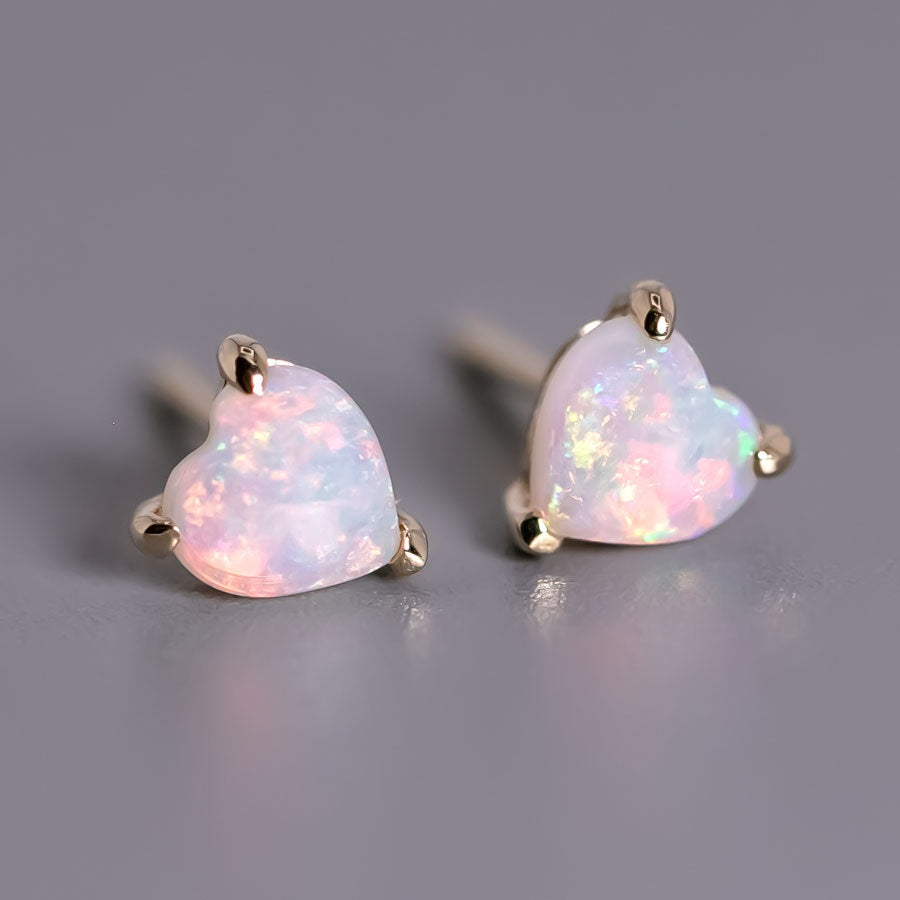 Small Heart Shaped Australian Solid Opal Stud Earrings 14K Yellow Gold
