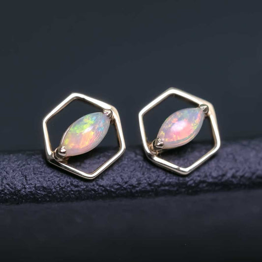 Small Hexagon Shaped Australian Opal Stud Earrings 14K Yellow Gold