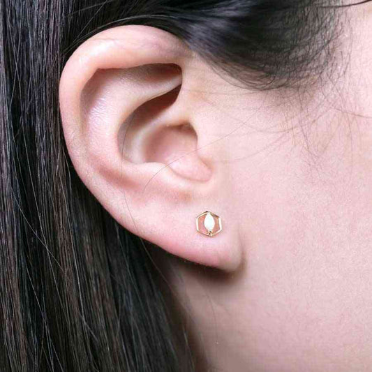 Small Hexagon Shaped Australian Opal Stud Earrings 14K Yellow Gold