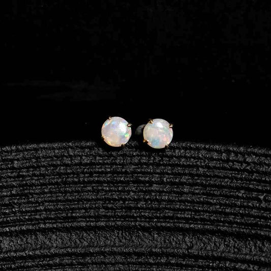 Small Round Australian Opal Stud Earrings 14K Yellow Gold