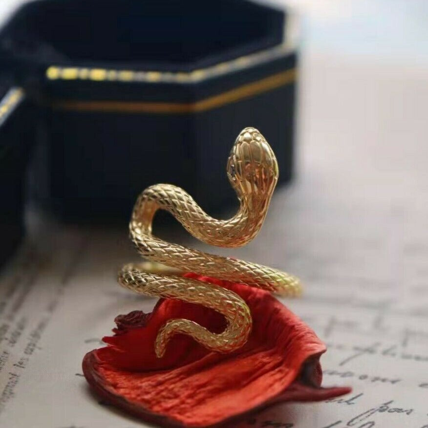 Snake Design Black Diamond Ring 18K Yellow Gold Viper Ring