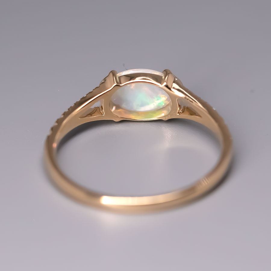 Solid Opal Split Shank Engagement Ring with Pave Setting 18K Yellow Gold