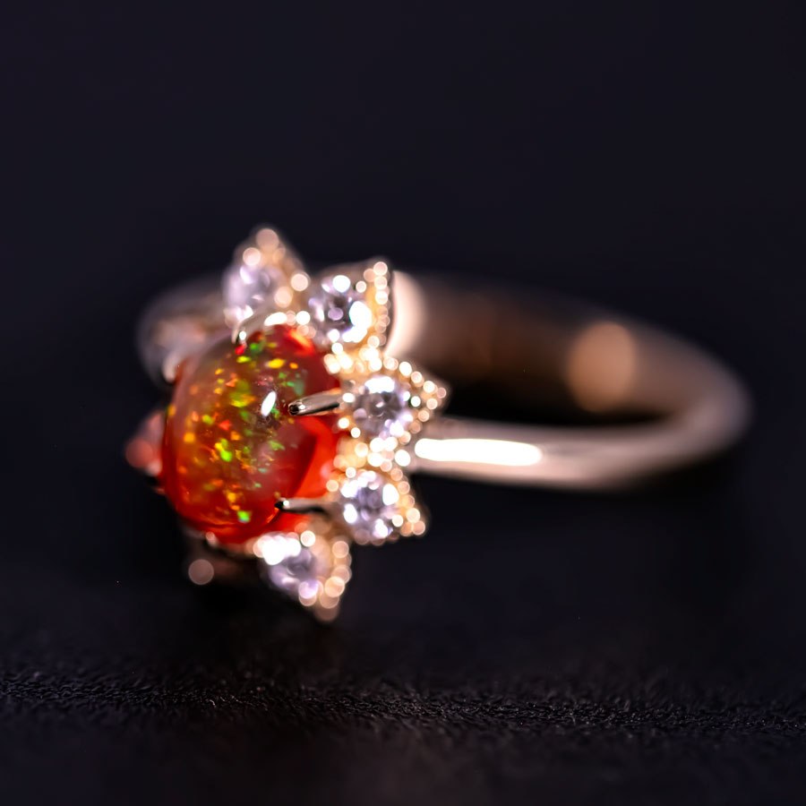 Starry Night Mexican Fire Opal Diamond Engagement Ring 18K Yellow Gold