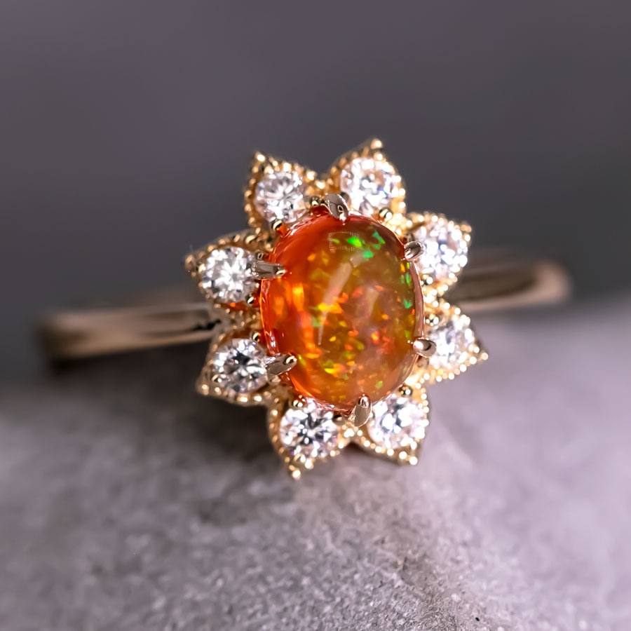 Starry Night Mexican Fire Opal Diamond Engagement Ring 18K Yellow Gold