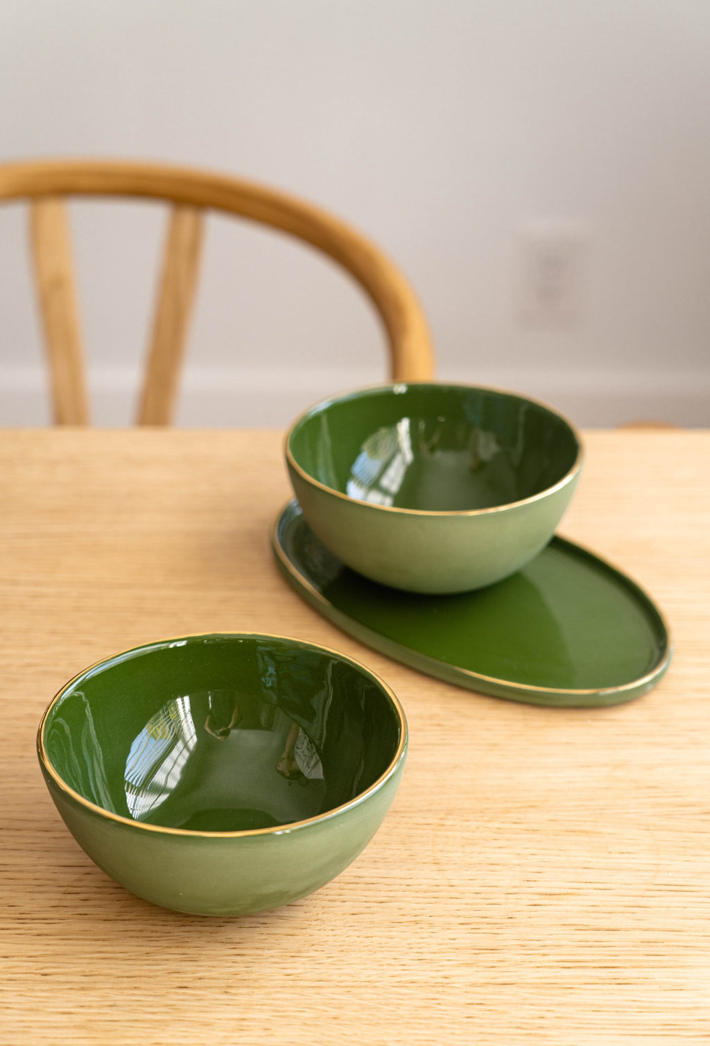 Porcelain Oval Serving Platter with Gold Rim. Green