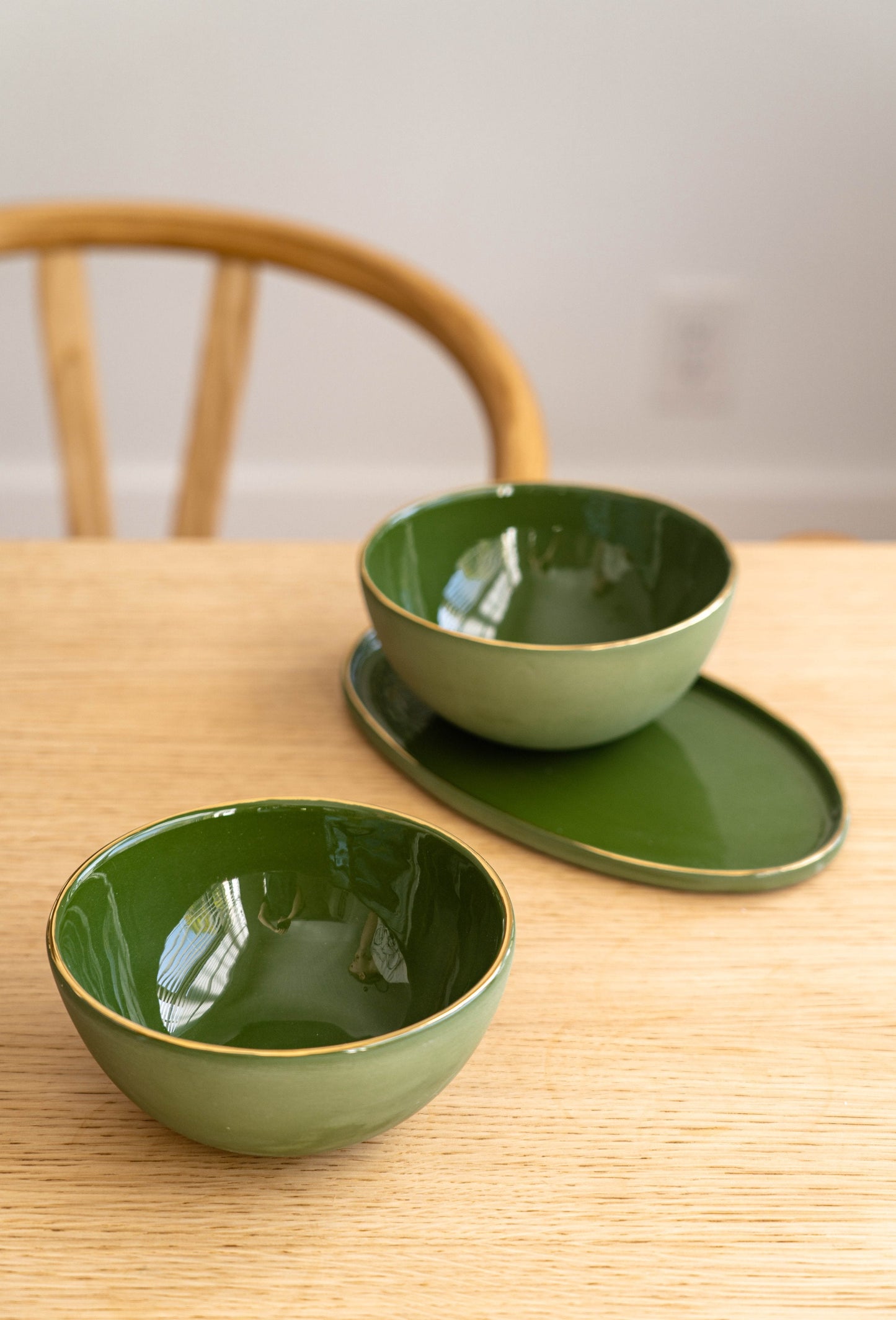 Porcelain Oval Serving Platter with Gold Rim. Green