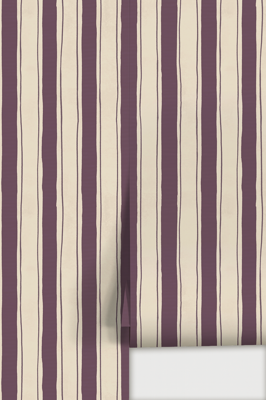 Riviera Stripe Wallpaper, off-white and eggplant
