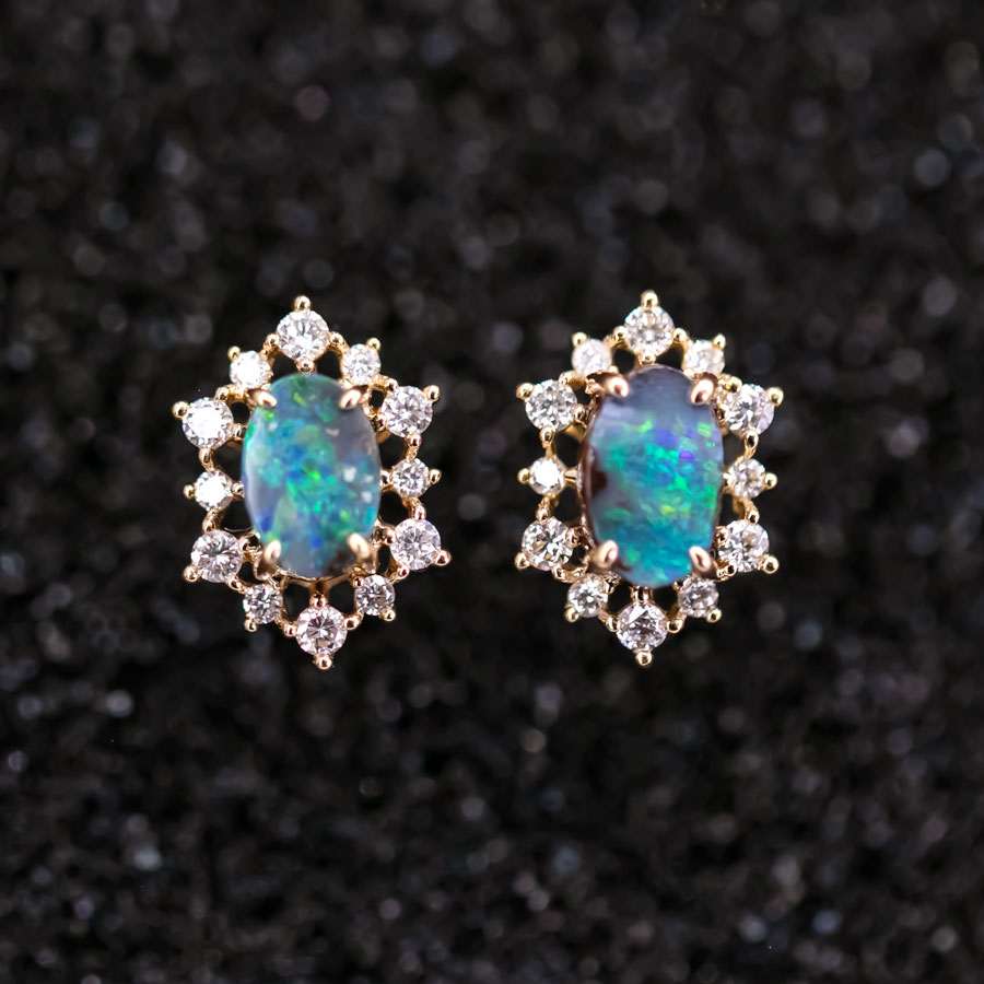 Stunning Boulder Opal & Halo Diamond Stud Earrings 18k Yellow Gold