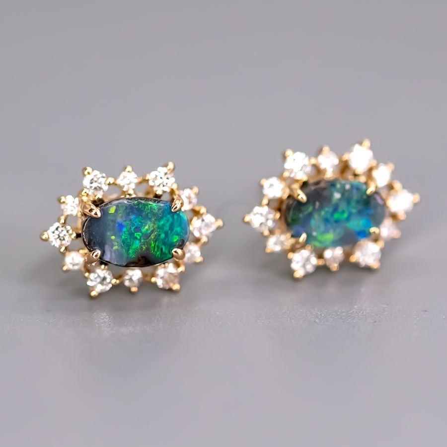 Stunning Boulder Opal & Halo Diamond Stud Earrings 18k Yellow Gold