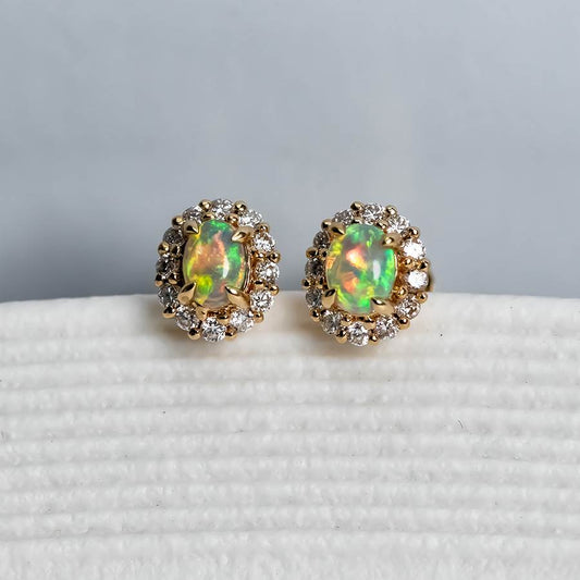 Stunning Dark Crystal Opal Diamond Hola Stud Earrings 14k Yellow Gold
