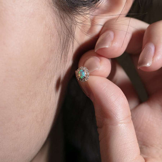 Stunning Dark Crystal Opal Diamond Hola Stud Earrings 14k Yellow Gold