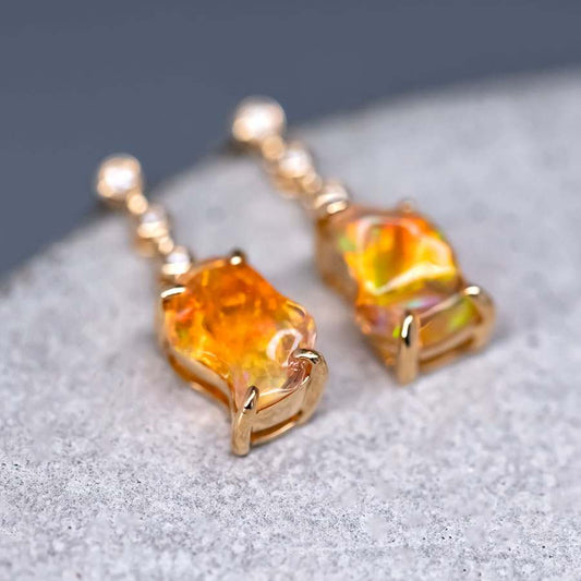 Stunning Diamond Fire Opal Asymmetric Drop Earrings in 18K Yellow Gold