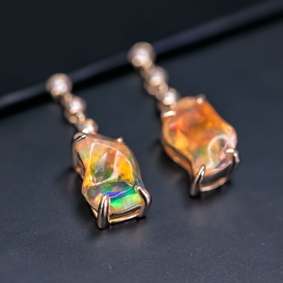 Stunning Diamond Fire Opal Asymmetric Drop Earrings in 18K Yellow Gold