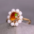 Stunning Engagement Ring Fire Opal Pearl & Diamonds 18K Yellow Gold