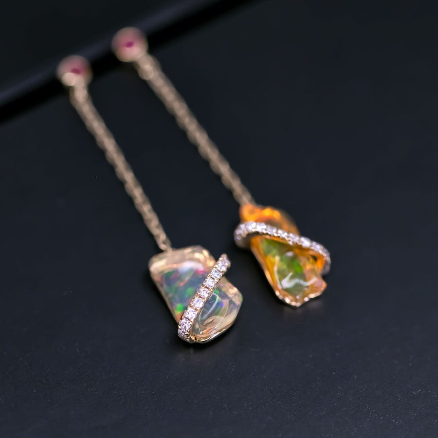 Stunning Fire Opal Diamond Ruby Drop Earrings in 18K Yellow Gold
