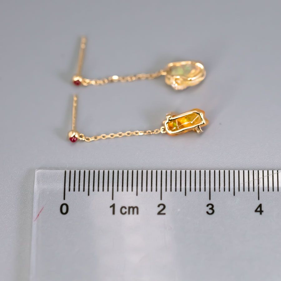 Stunning Fire Opal Diamond Ruby Drop Earrings in 18K Yellow Gold