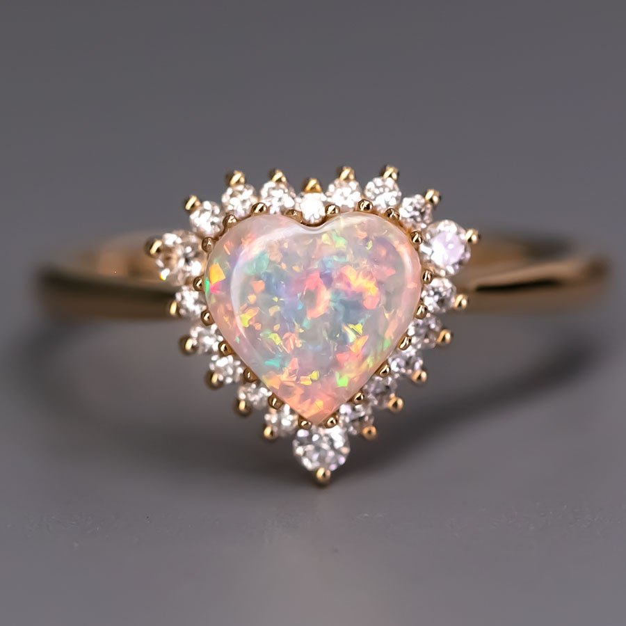 Rare Stunning Heart Shaped Opal Halo Diamond Engagement Ring 18k Yellow Gold