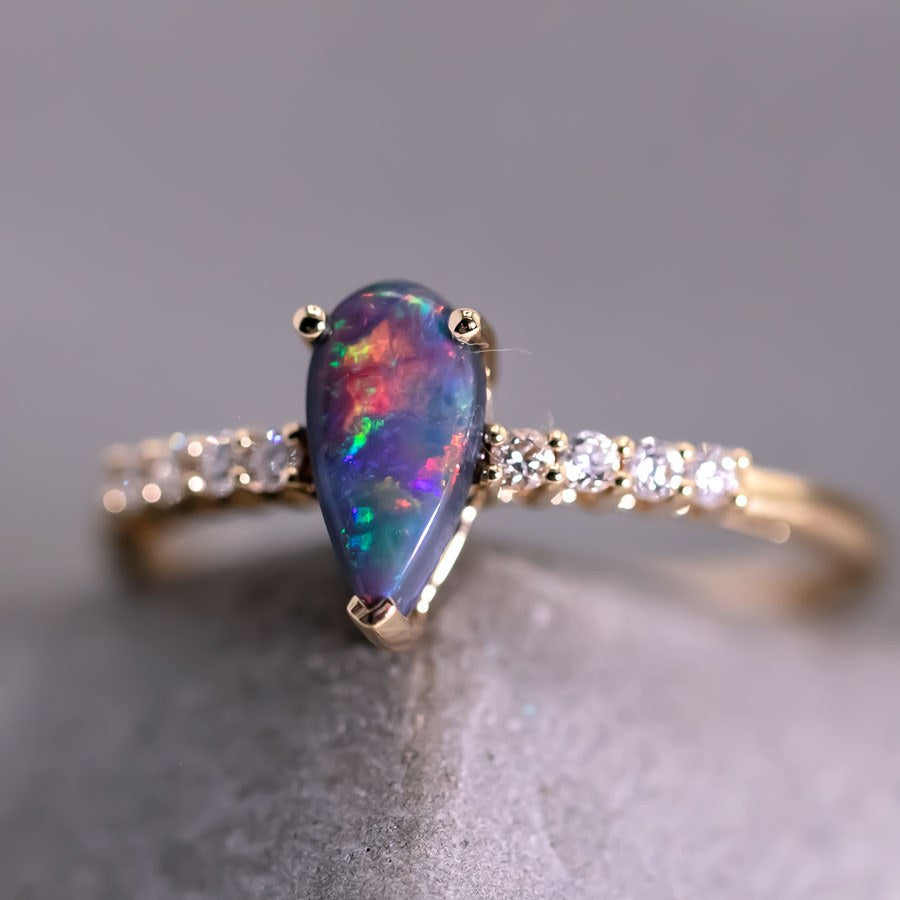 Stylish Black Opal Diamond Engagement Ring 18K Yellow Gold