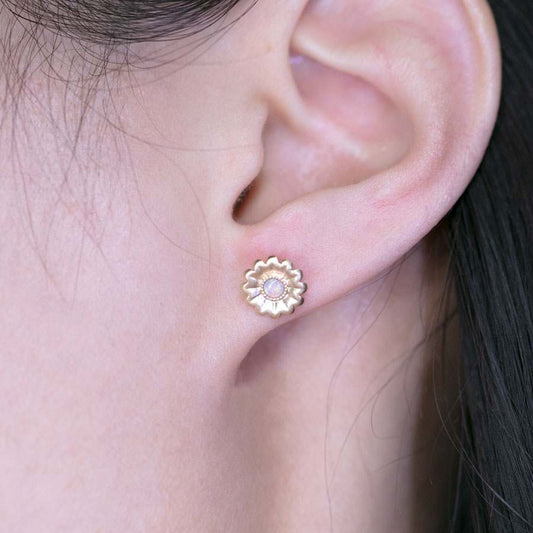 Sunflower Stud Earrings with Australian Opal 14K Yellow Gold