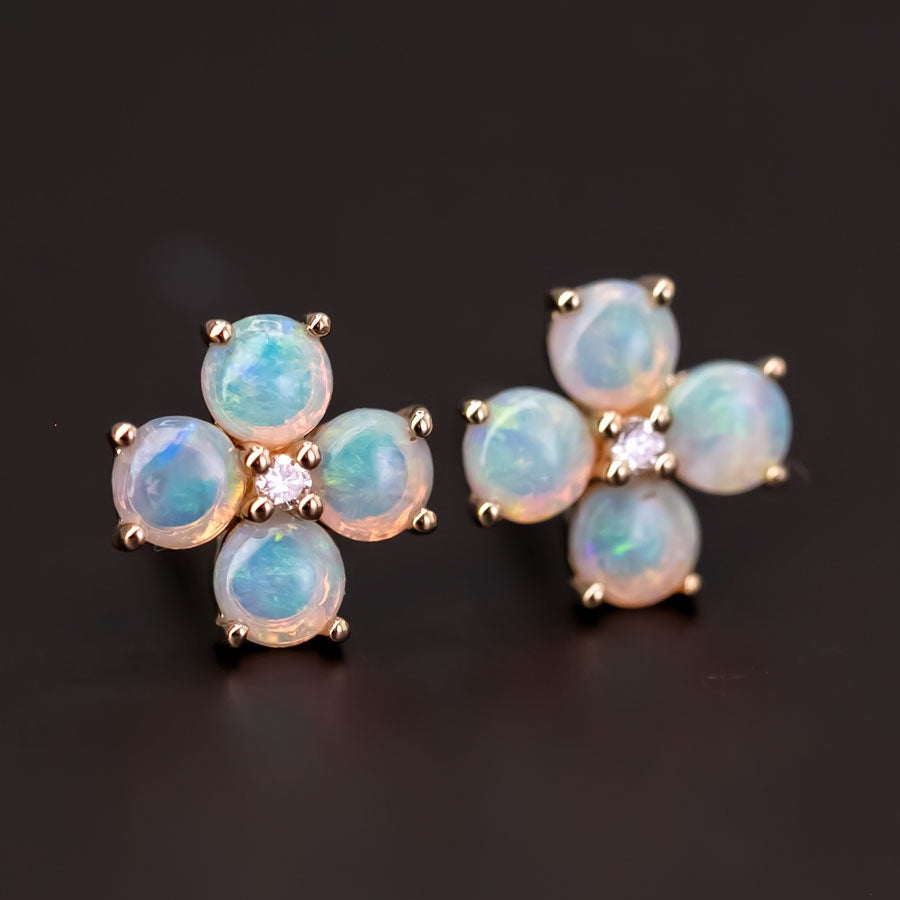 Sweet Four-Leaf Clover earstuds Opal Diamond Earrings 14K Yellow Gold