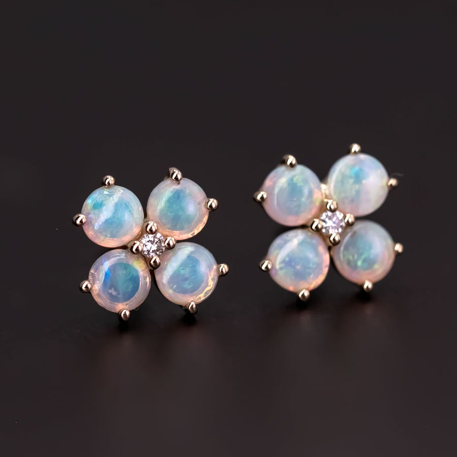 Sweet Four-Leaf Clover earstuds Opal Diamond Earrings 14K Yellow Gold