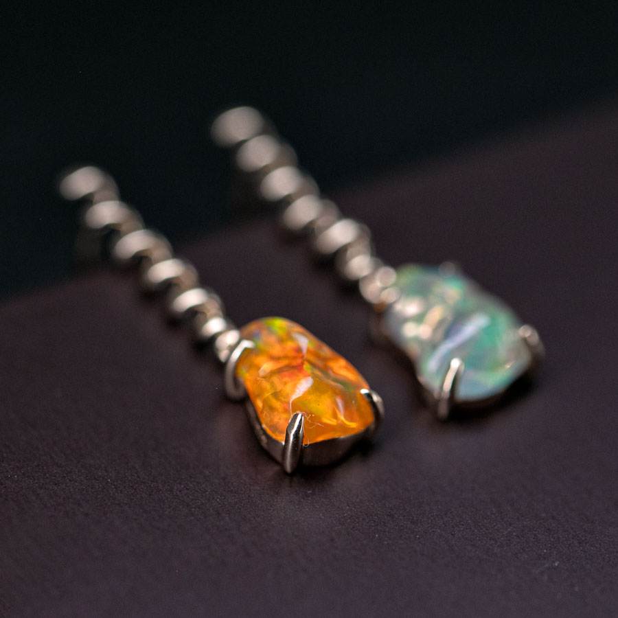 Swirl Mexican Fire Opal Drop Earrings in 14K Yellow Gold