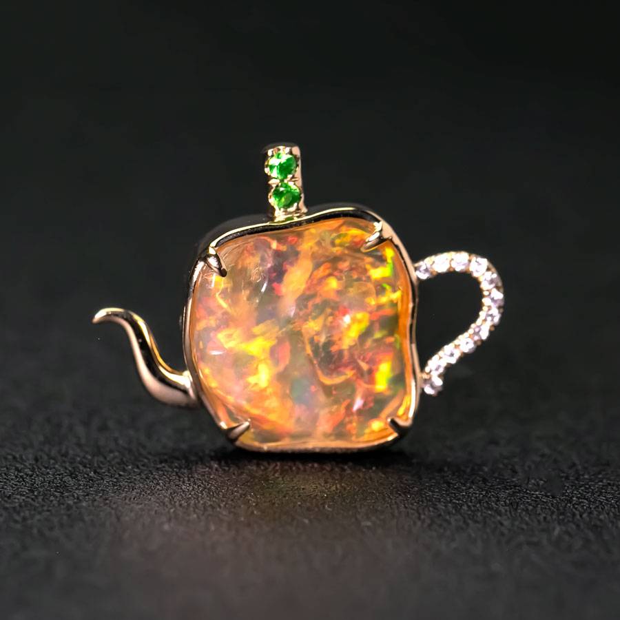 Teapot Design Fire Opal Diamond, Tsavorite Necklace 18K Yellow Gold