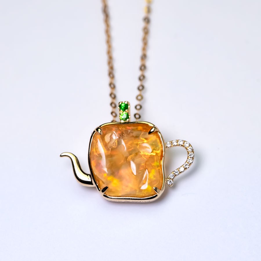 Teapot Design Fire Opal Diamond, Tsavorite Necklace 18K Yellow Gold
