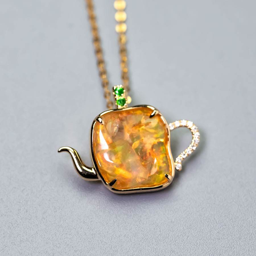 Teapot Design Fire Opal Diamond, Tsavorite Necklace 18K Yellow Gold