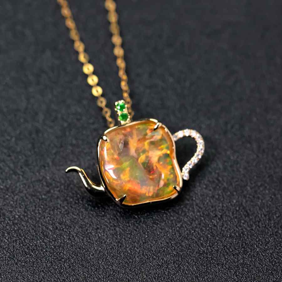 Teapot Design Fire Opal Diamond, Tsavorite Necklace 18K Yellow Gold