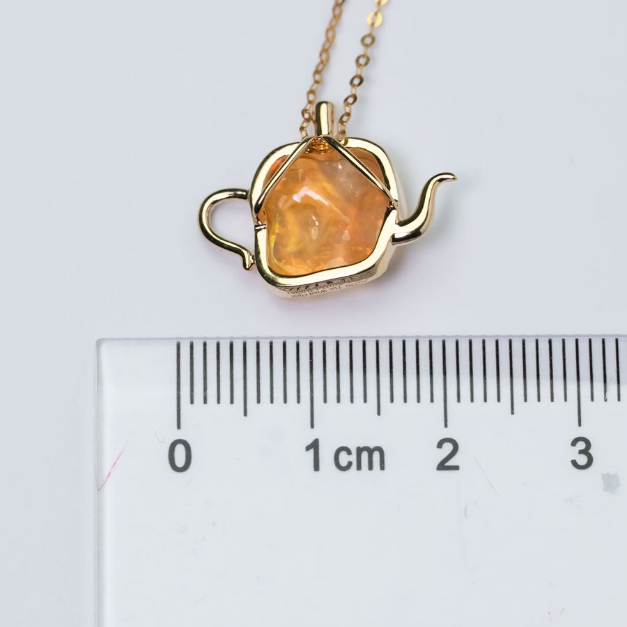 Teapot Design Fire Opal Diamond, Tsavorite Necklace 18K Yellow Gold
