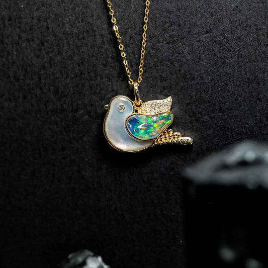 The Fat Pigeon - Fire Opal Diamond Pendant 18K Yellow Gold Adorable Bird Necklace