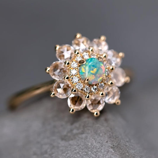 The Precious - Halo Diamond Black Opal Engagement Ring 14K Yellow Gold