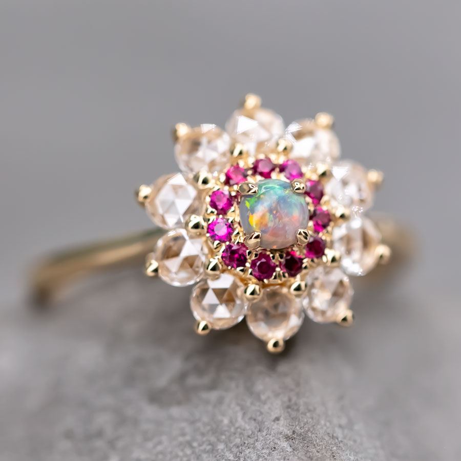 The Precious - Halo Diamond Black Opal Ruby Engagement Ring 18K Yellow Gold