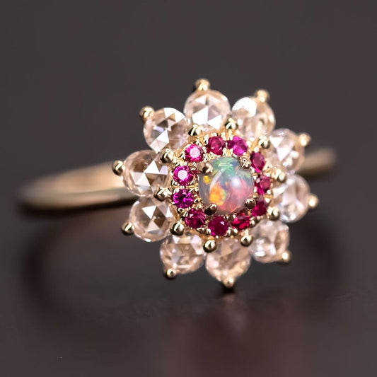 The Precious - Halo Diamond Black Opal Ruby Engagement Ring 18K Yellow Gold