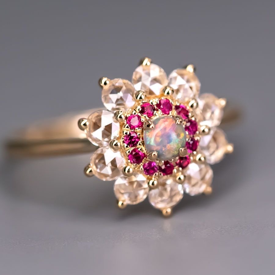The Precious - Halo Diamond Black Opal Ruby Engagement Ring 18K Yellow Gold