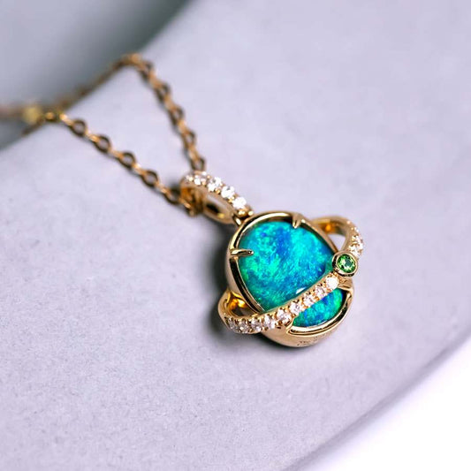 The Saturn - Australian Black Opal & Diamond Tsavorite 18K Yellow Gold Necklace