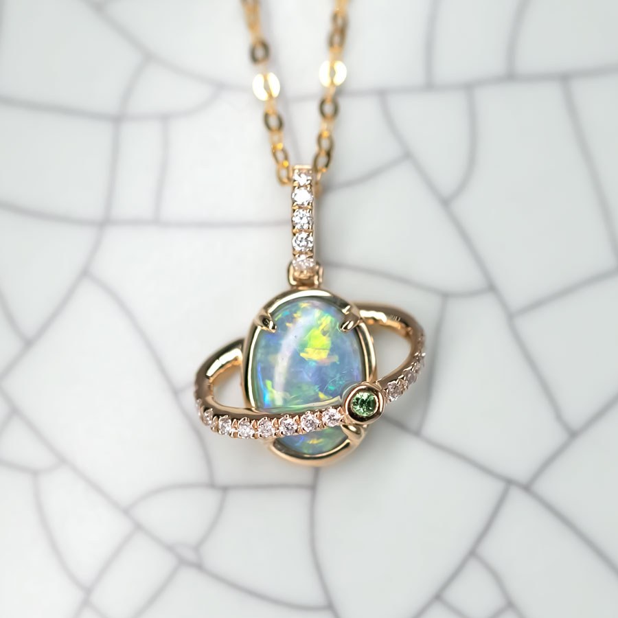 The Saturn - Australian Black Opal & Diamond Tsavorite 18K Yellow Gold Necklace