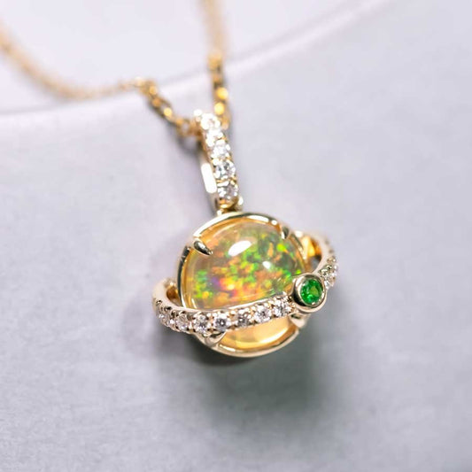 The Saturn - Mexican Fire Opal & Diamond Tsavorite 14K Yellow Gold Necklace