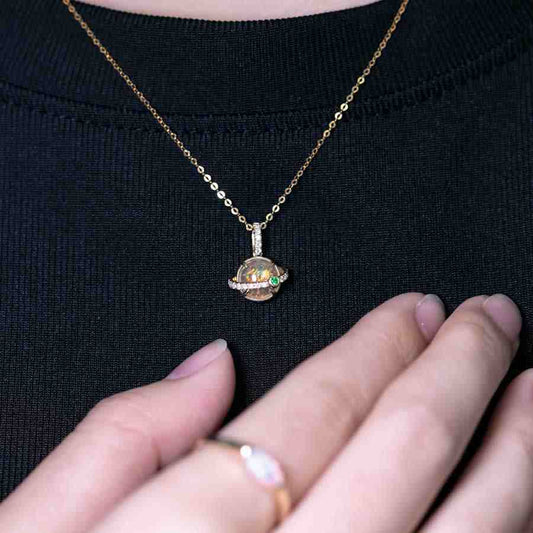 The Saturn - Mexican Fire Opal & Diamond Tsavorite 14K Yellow Gold Necklace