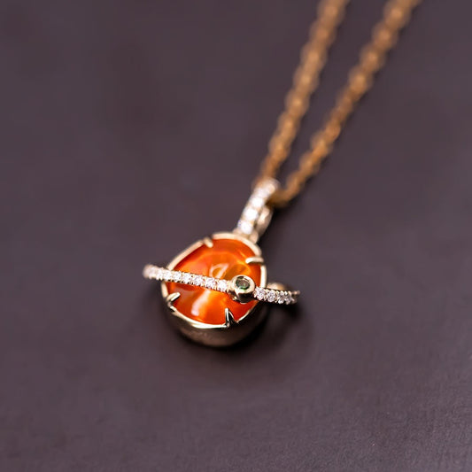 The Saturn - Mexican Fire Opal & Diamond Tsavorite 18K Yellow Gold Necklace
