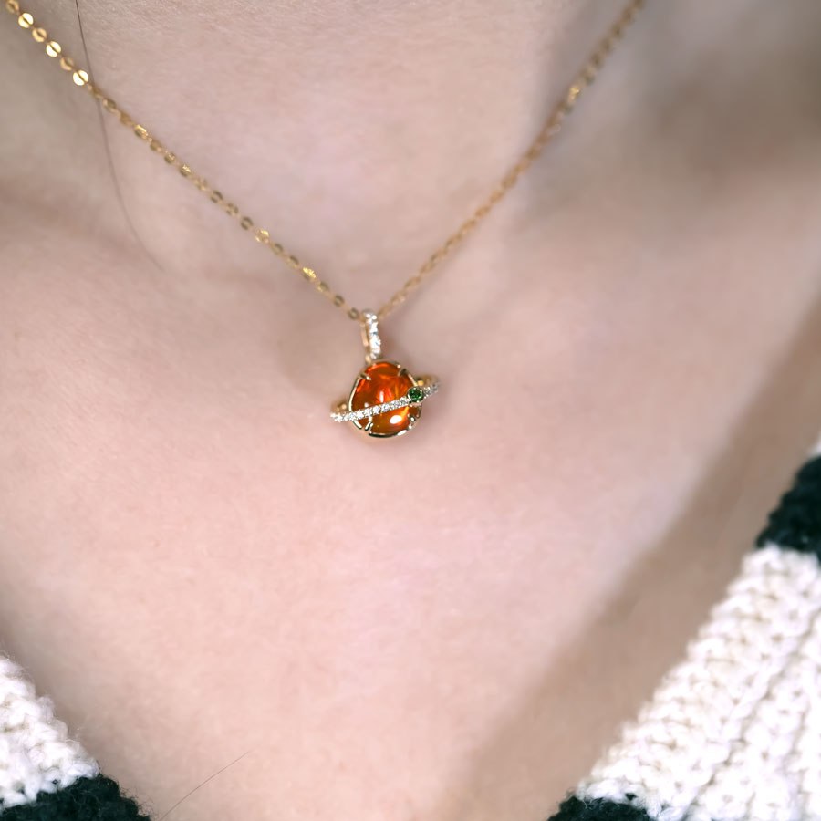 The Saturn - Mexican Fire Opal & Diamond Tsavorite 18K Yellow Gold Necklace