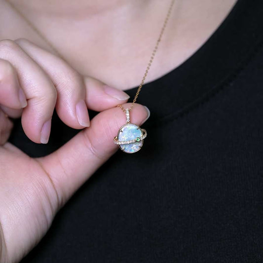 The Saturn - Australian Opal & Diamond Tsavorite 14K Yellow Gold Necklace