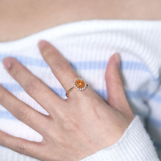 The Sunshine - Mexican Fire Opal Halo Diamond Engagement Ring 18K Yellow Gold
