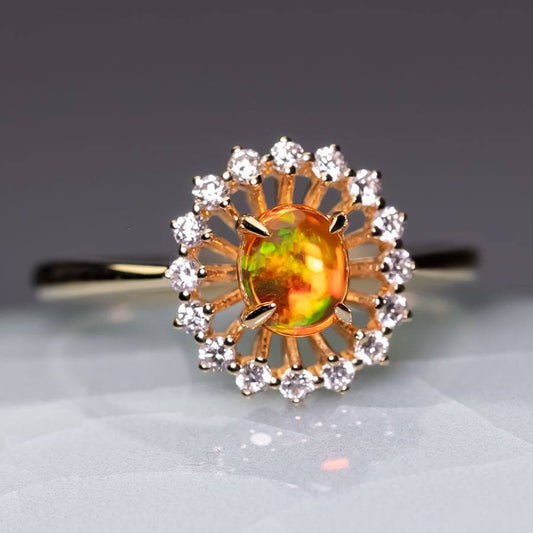 The Sunshine - Mexican Fire Opal Halo Diamond Engagement Ring 18K Yellow Gold