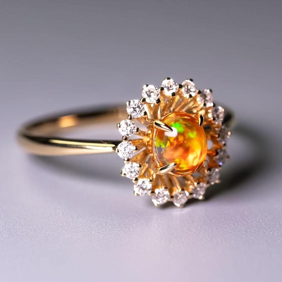 The Sunshine - Mexican Fire Opal Halo Diamond Engagement Ring 18K Yellow Gold